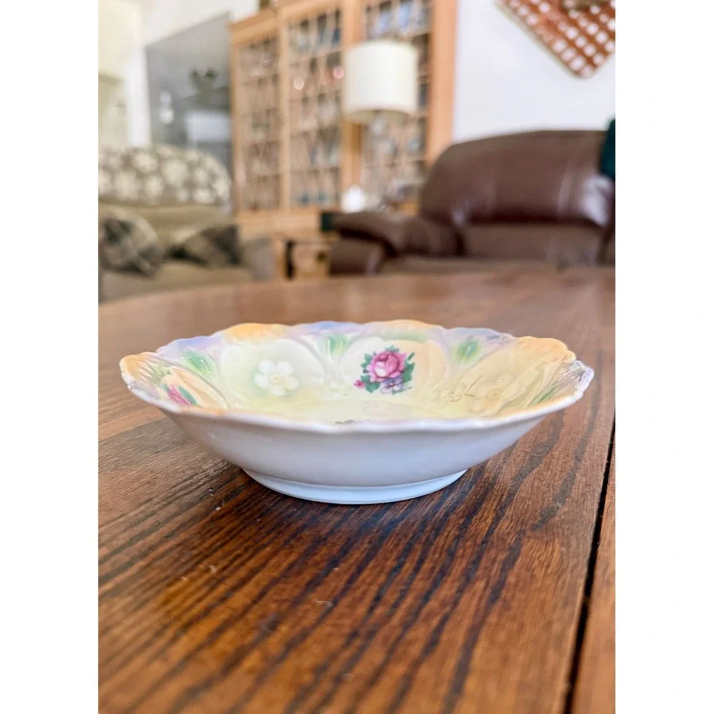 Vintage Bavaria Porcelain Lusterware Berry Bowl Pink Rose Floral Scalloped 5.25